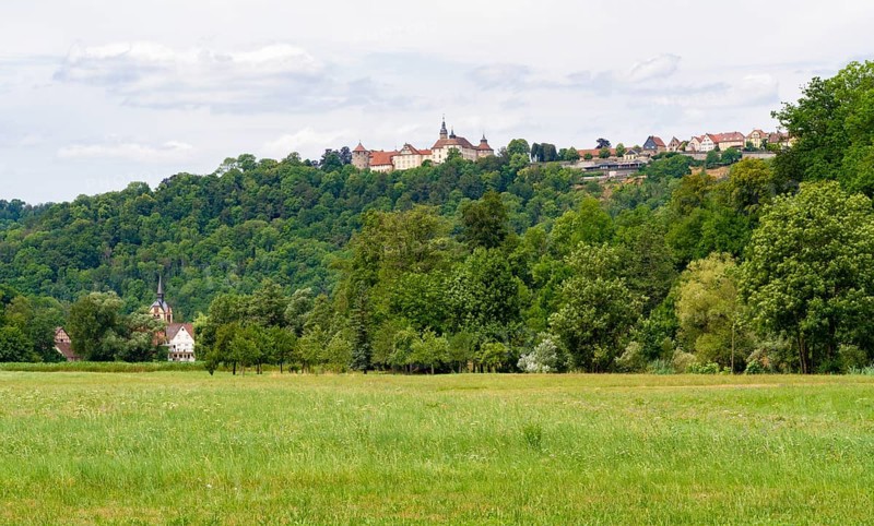 Panoramic summertime scenery around Langenburg and Baechlingen in the Schwaebisch Hall district in Southern Germany