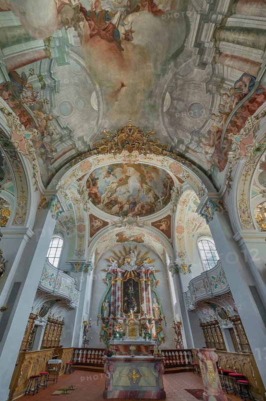 Church of St Gallus and Ulrich, main altar and ceiling frescoes, Kisslegg, Allgäu, Baden-Württemberg, Germany