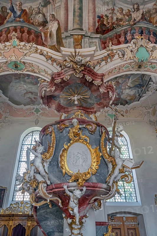Church of St Gallus and Ulrich, the pulpit with frescoes, Kisslegg, Allgäu, Baden-Württemberg, Germany