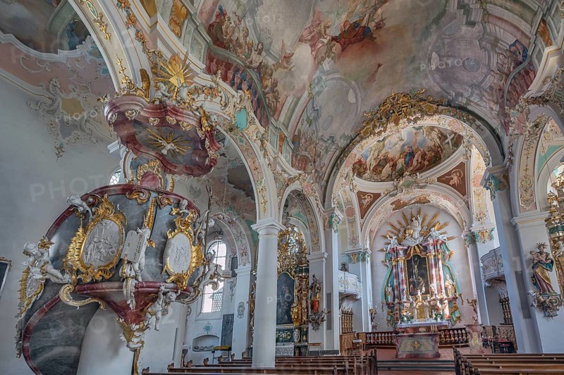 Church of St Gallus and Ulrich, pulpit, high altar and ceiling frescoes, Kisslegg, Allgäu, Baden-Württemberg, Germany