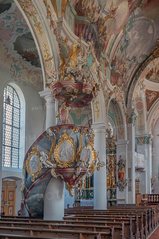 Church of St Gallus and Ulrich, the pulpit, Kisslegg, Allgäu, Baden-Württemberg, Germany