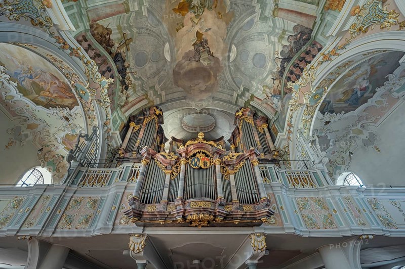 Church of St Gallus and Ulrich, the organ loft with ceiling frescoes, Kisslegg, Allgäu, Baden-Württemberg, Germany