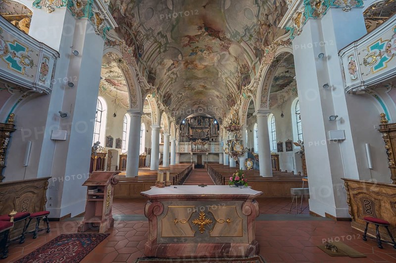 Church of St Gallus and Ulrich, nave with organ loft, Kisslegg, Allgäu, Baden-Württemberg, Germany