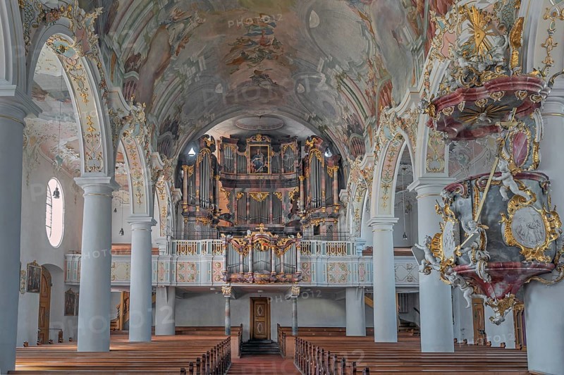 Church of St Gallus and Ulrich, nave with organ loft, Kisslegg, Allgäu, Baden-Württemberg, Germany