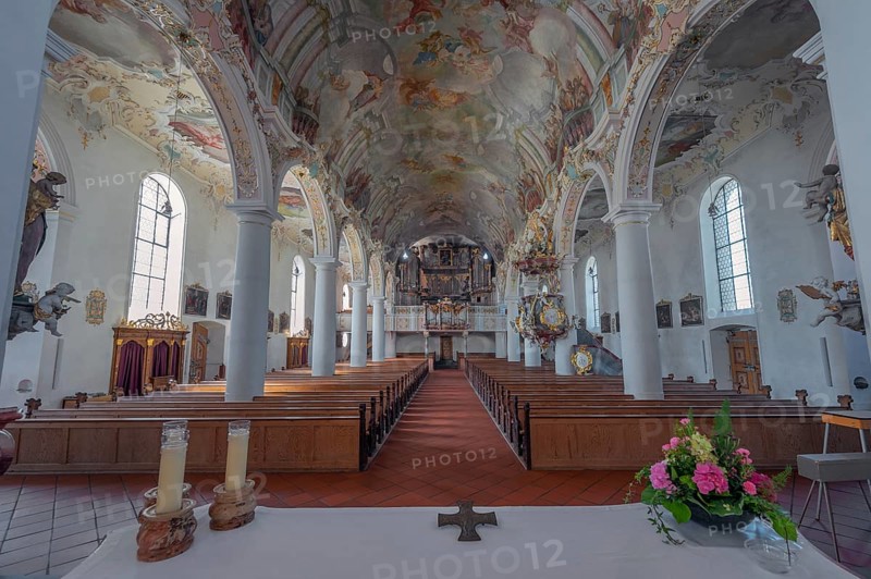 Church of St Gallus and Ulrich, nave with organ loft, Kisslegg, Allgäu, Baden-Württemberg, Germany
