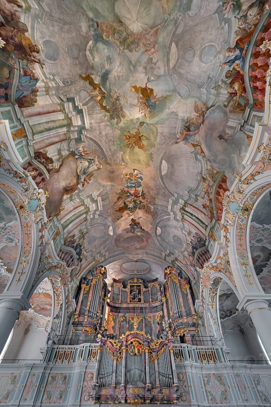 Church of St Gallus and Ulrich, the organ loft with ceiling frescoes, Kisslegg, Allgäu, Baden-Württemberg, Germany