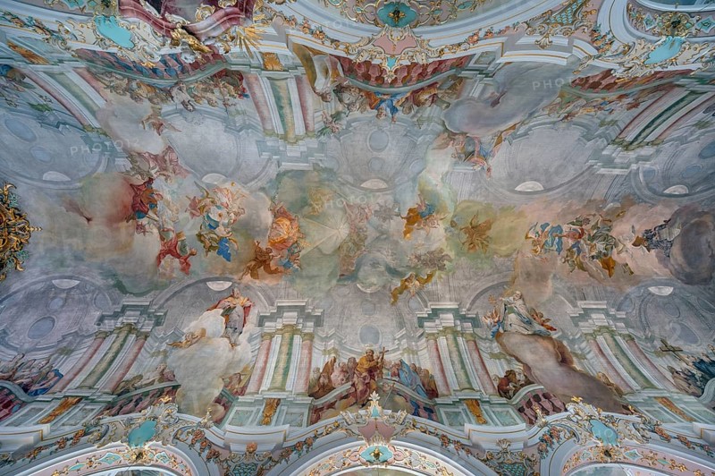 Church of St Gallus and Ulrich, nave, vaulted ceiling with ceiling fresco, Kisslegg, Allgäu, Baden-Württemberg, Germany