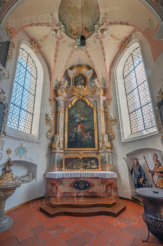 Church of St Gallus and Ulrich, side altar with the relic of St Severinus, Kisslegg, Allgäu, Baden-Württemberg, Germany