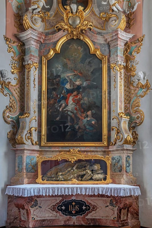 Church of St Gallus and Ulrich, side altar with the relic of St Severinus, Kisslegg, Allgäu, Baden-Württemberg, Germany