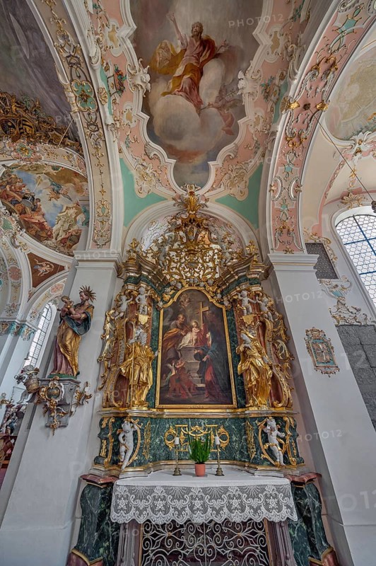 Church of St Gallus and Ulrich, side altar with ceiling frescoes and figures of saints, Kisslegg, Allgäu, Baden-Württemberg, Germany