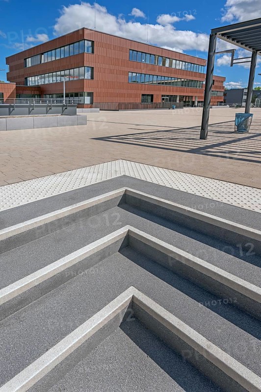 Blue sky. white clouds, stairs to the state vocational school, Kempten, Allgäu, Swabia, Germany
