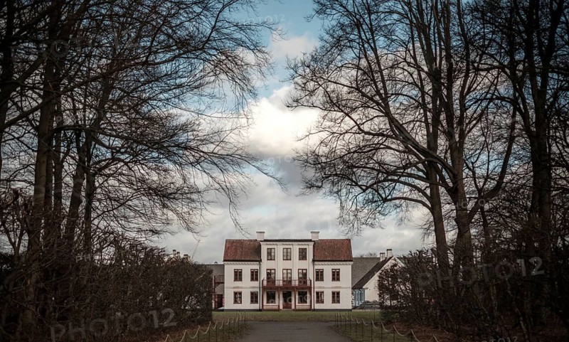 Grand manor house framed by bare trees under a blue sky in Helsingborg, Sweden, Scandinavia