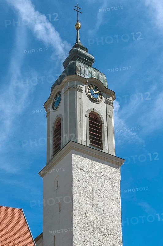 Church tower with clock and sound windows, Church of St Gallus and Ulrich, Kisslegg, Allgäu, Baden-Württemberg, Germany