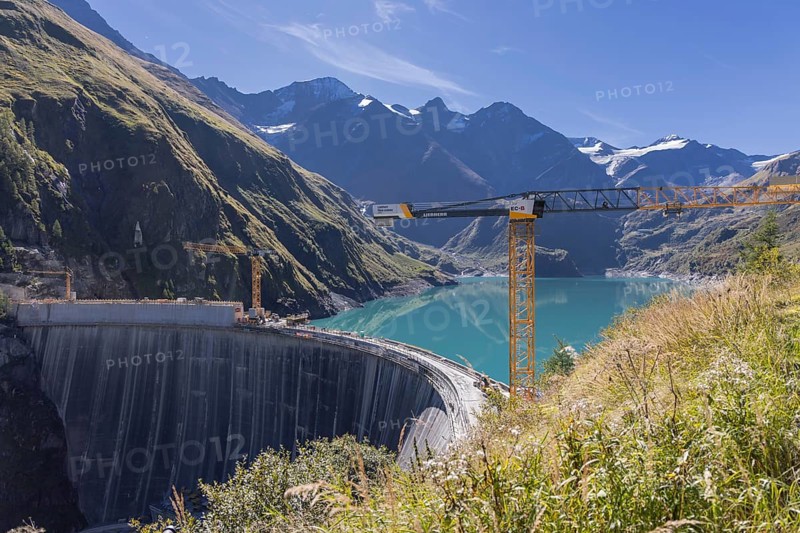 Waterfall bottom reservoir, dam wall, construction site, mountain panorama, energy industry, hiking area, Pinzgau