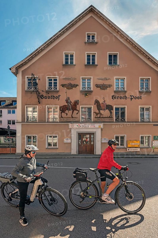 Former inn, Deer-Post with Lüftlmalerei, now La Dolce Vita Ristorante Pizzeria and Radler in Kisslegg, Allgäu, Baden-Württemberg, Germany