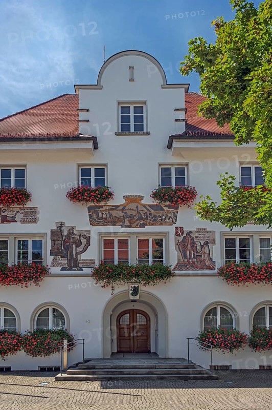 The town hall, the façade tells of the highlights of the town's history, Kisslegg, Allgäu, Baden-Württemberg, Germany