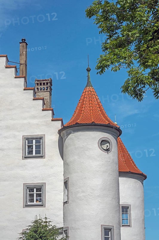 Blue sky, old castle with turrets and chimneys in Kisslegg, Allgäu, Baden-Württemberg, Germany