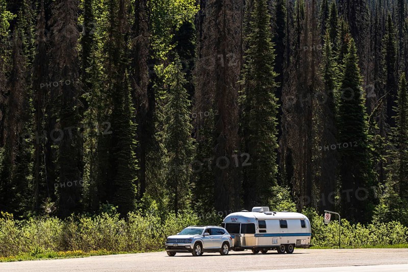 An Airstream travel trailer parked with a car by a dense forest, highlighting travel adventure in side Glacier National Park, near Selkirk, British Columbia, Canada, North America