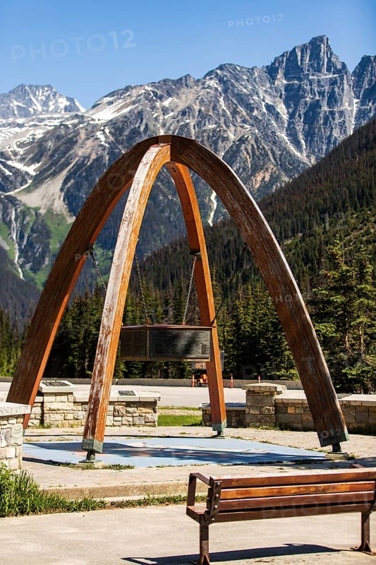 The Rogers Pass with the commemorative arch marking the location where the Trans Canada Highway was competed in 1962, a National Historic Site it is located inside Glacier National Park, near Selkirk, British Columbia, Canada, North America
