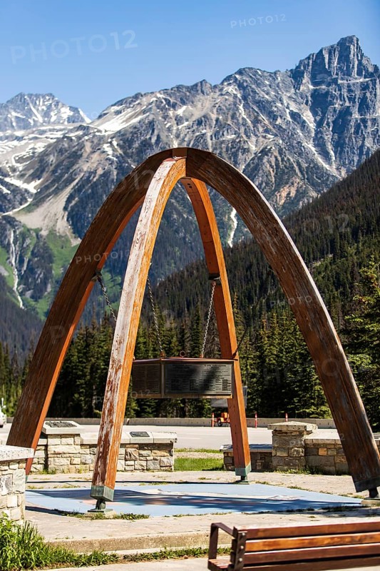 The Rogers Pass with the commemorative arch marking the location where the Trans Canada Highway was competed in 1962, a National Historic Site it is located inside Glacier National Park, near Selkirk, British Columbia, Canada, North America