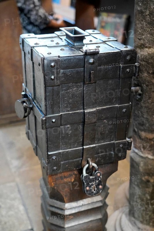An antique metal box with a lock on a wooden floor, rustic and historic in appearance, St. Lawrence Church, Nuremberg, Middle Franconia, Franconia, Bavaria, Germany