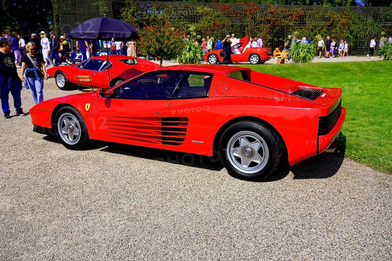 Ferrari Testarossa, Year 1987, Classic Vintage Car, Gala International Concours d'Elegance Schwetzingen 2025, Germany, Europe, Red Ferrari Testarossa at an outdoor car show, surrounded by visitors and nature