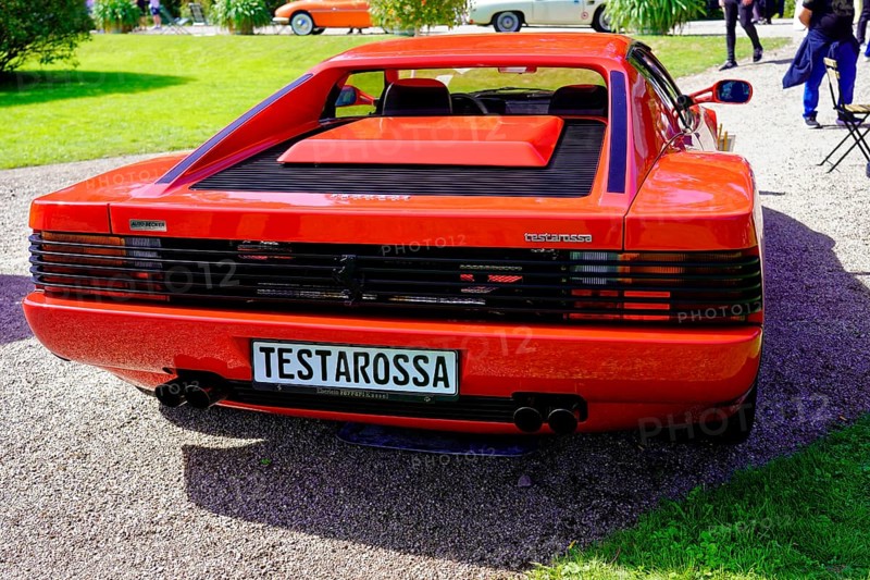 Ferrari Testarossa, year of construction 1987, Oldtimer Classic, Gala International Concours d'Elegance Schwetzingen 2025, Germany, Europe, Rear view of a red Ferrari with classic lines at an exhibition