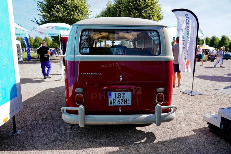 Oldtimer Classic, Gala International Concours d'Elegance Schwetzingen 2025, Germany, Europe, VW Bulli classic car from behind, on display at an outdoor event