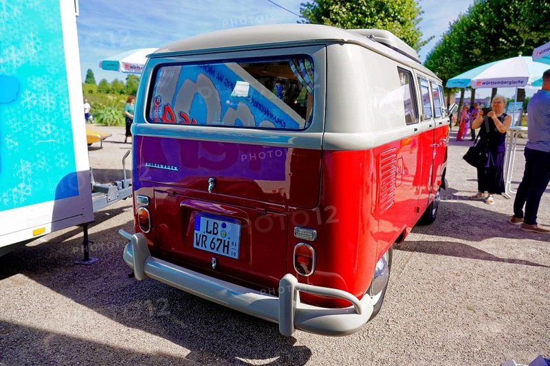 Oldtimer Classic, Gala International Concours d'Elegance Schwetzingen 2025, Germany, Europe, Rear view of a VW Bulli classic car in red and white at an exhibition