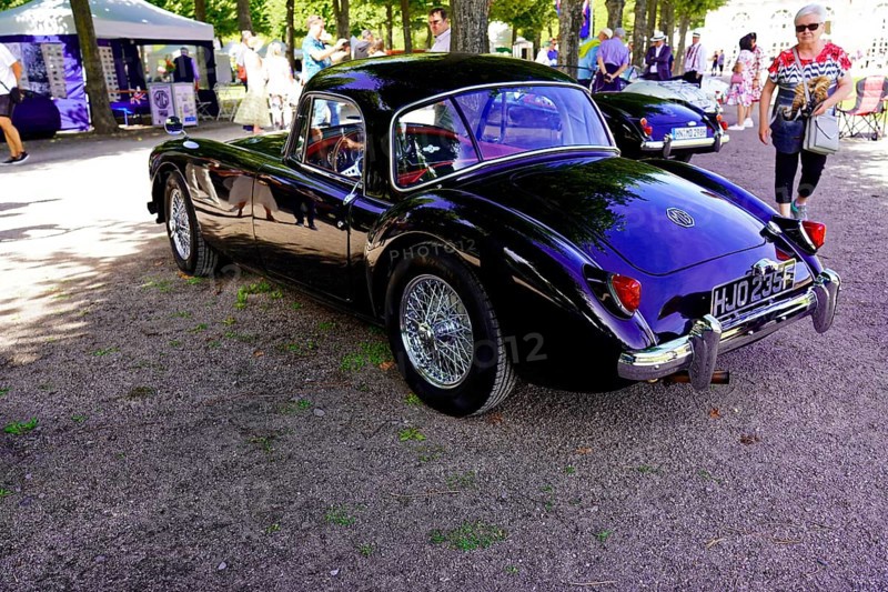 Oldtimer Classic, Gala International Concours d'Elegance Schwetzingen 2025, Germany, Europe, A black vintage MG stands under trees in a park exhibition