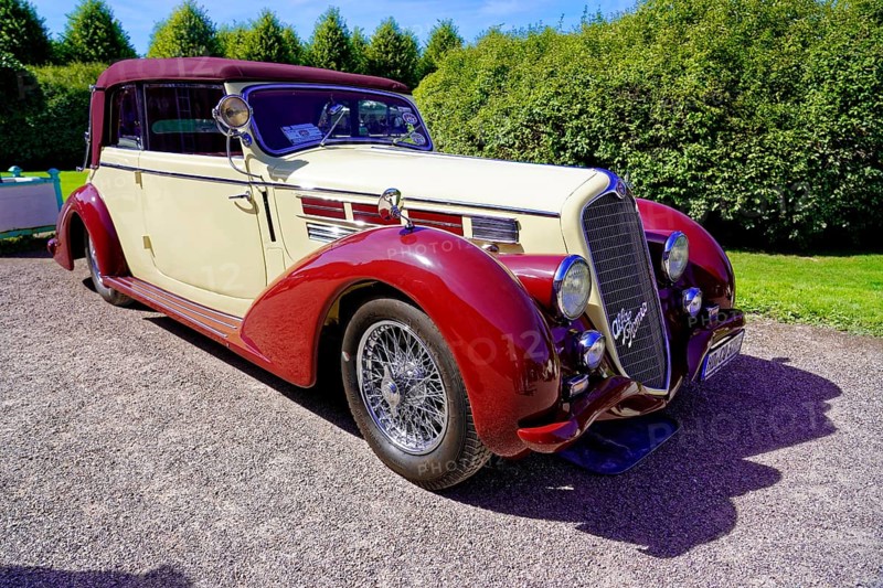 Oldtimer Classic, Gala International Concours d'Elegance Schwetzingen 2025, Germany, Europe, An elegant bordeaux red classic car stands in a meadow in the sunlight