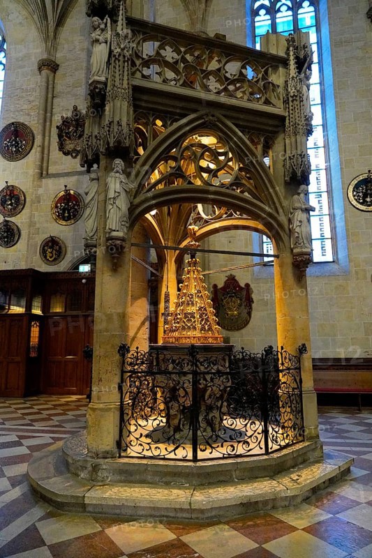 The interior of the largest Protestant church in Germany. It has the world's highest church tower, Ulm Minster, Germany, Europe, Artistic Gothic stone altar shrine in the cathedral with detailed decorations, Ulm