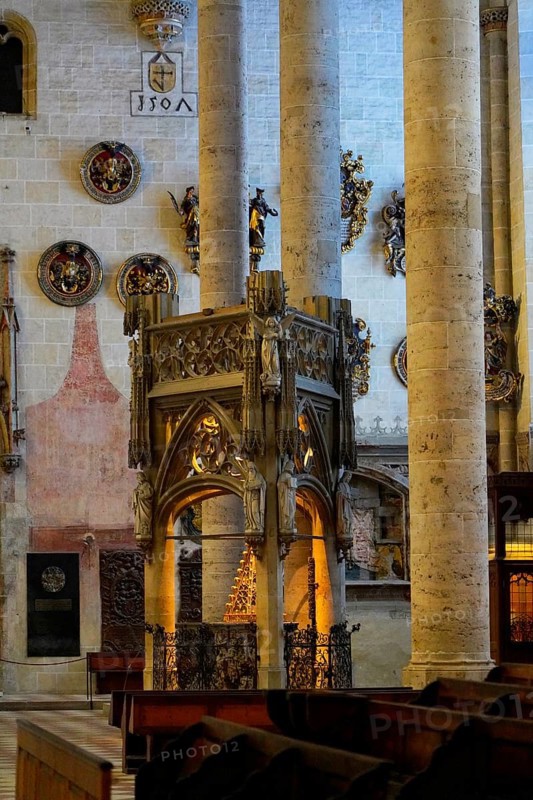 The interior of the largest Protestant church in Germany. It has the world's highest church tower, Ulm Minster, Germany, Europe, Magnificently decorated pulpit with artistic details in a church, Ulm