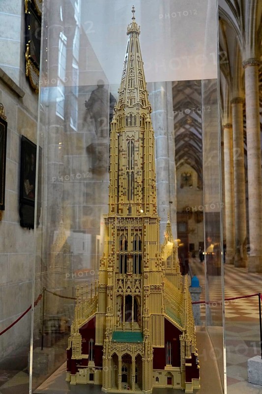 The interior of the largest Protestant church in Germany. It has the world's highest church tower, Ulm Minster, Germany, Europe, Detailed model of a church tower in a glass case, Ulm
