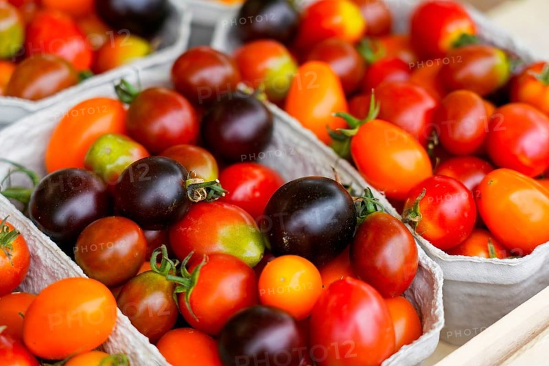 Farmers' market on Münsterplatz, stall, Ulm, Baden-Württemberg, Germany, Europe, Multicoloured cherry tomatoes in small baskets