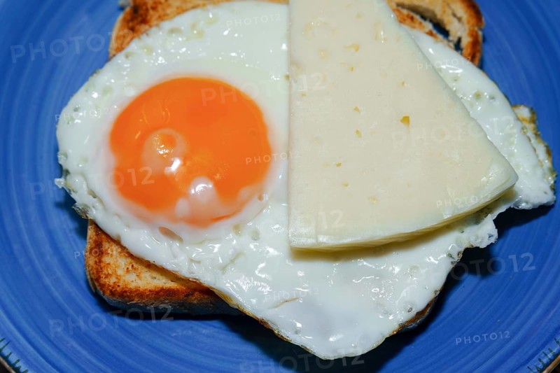 Enjoying a simple yet satisfying breakfast with fried egg and cheese on toasted bread, served on a blue plate