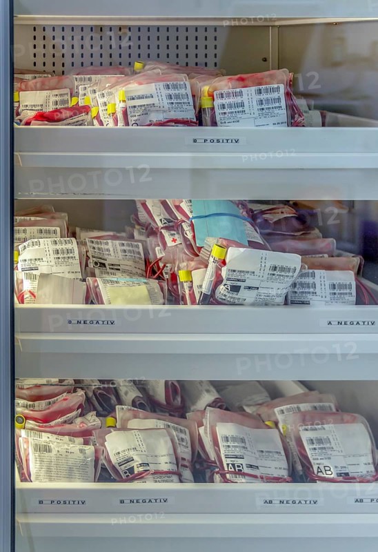 Detail shot of a blood bank with various blood types