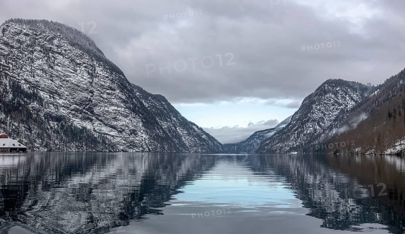 Scenery around a lake named Koenigssee located in the Berchtesgadener Land in Bavaria Germany at winter time