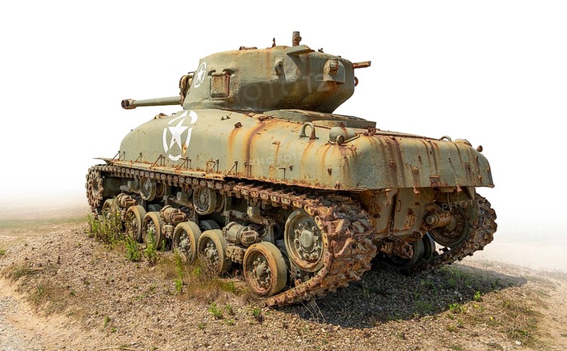 Historic tank at Utah Beach on the Cotentin Peninsula in France, gradient isolated in white back