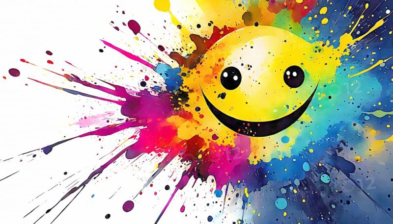 Ideographic theme showing a smiley face in multicolored vibrant splashy ambiance. AI generated image with lots of paint splashes, splatter and spots
