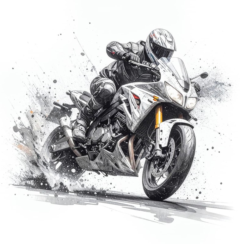AI generated illustration of a motorcyclist in racing ambiance, with splashes, splatter and spots