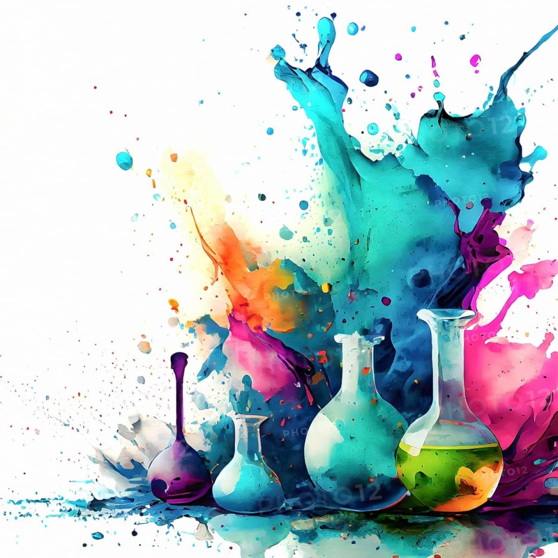 Science theme showing laboratory glassware in multicolored vibrant splashy ambiance. AI generated image with lots of paint splashes, splatter and spots
