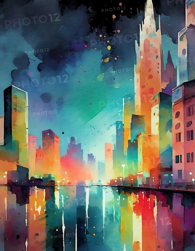 AI generated image showing the colorful waterside impression of a big city, watercolor style with splashes and spots at evening time
