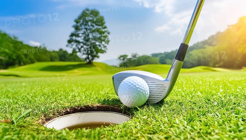 AI generated image showing a golf ball and golf club near hole closeup on a course in sunny ambiance