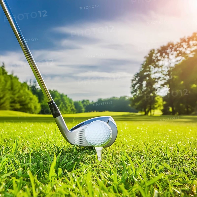 AI generated image showing a golf ball and golf club closeup on a course in sunny ambiance