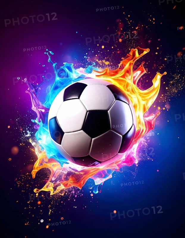 Football in flashy ambiance. AI illustration with light effects and fiery liquid splashes, AI generated