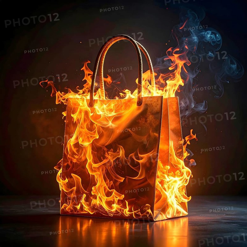 AI generated image showing a flaming shopping bag in dark ambiance