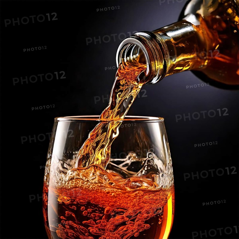 AI-generated close-up image showing a bottle from which a clear drink is poured into a glass, AI generated