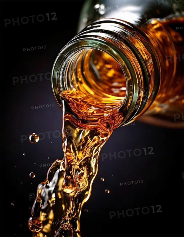 AI-generated close-up image showing a bottle as a clear drink is poured from it, AI generated