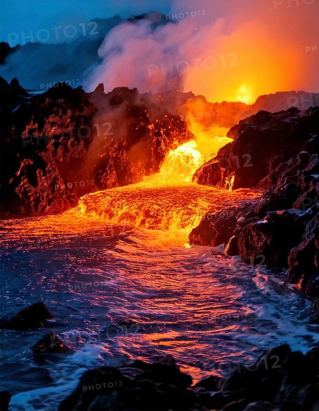 AI generated image showing flowing and glowing lava in rocky coastal dark ambiance